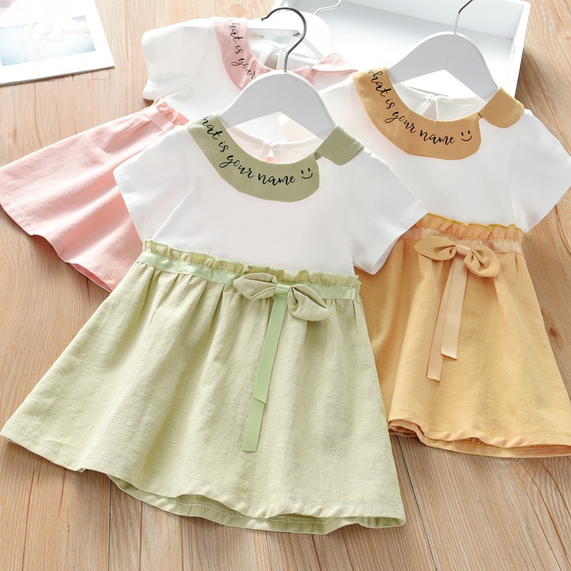 Children Skirt summer new pattern Korean Edition girl Dress Cartoon Color matching Short sleeved Middle-skirt Children Western style Princess Dress