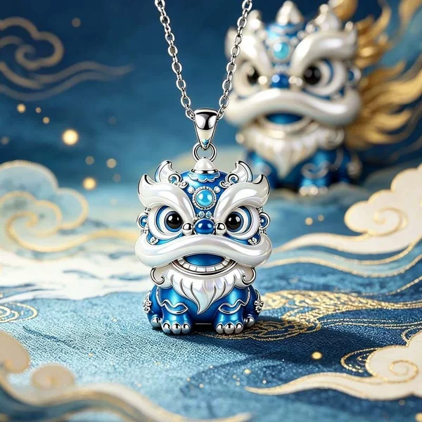 Chinese-style enamel lion pendant in blue and white, a fortune-bringing and auspicious collarbone chain for men and women, a fresh and sweet Chinese-style accessory
