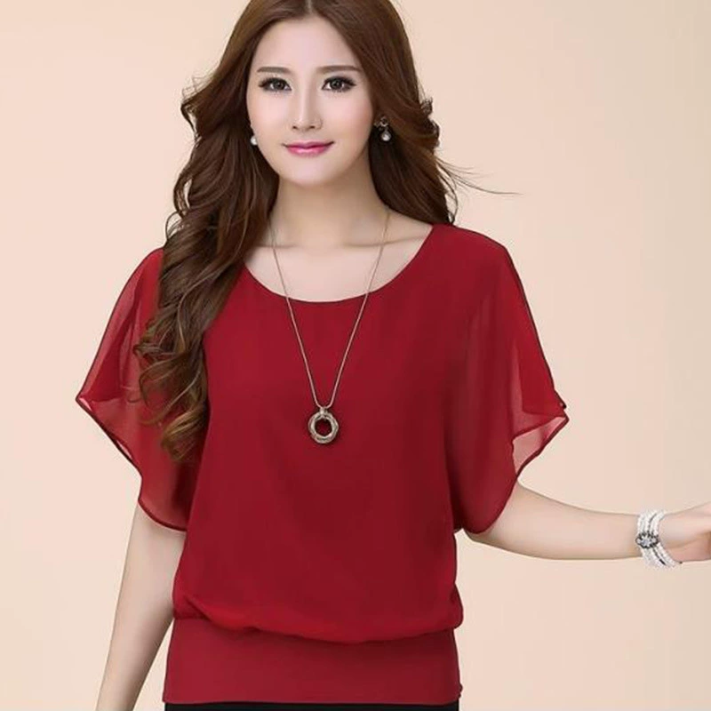 Внешняя торговля Новая модная женская футболка с короткими рукавами, женская шифоновая рубашка больших размеров, стройнящая, с рукавами «летучая леть», свободная верхняя Базовая рубашка