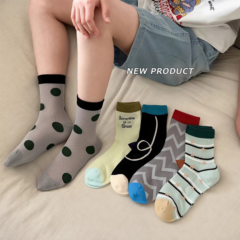 Boys' socks, summer thin style, children's mid-calf, Korean style, ins color block polka dot socks, sports student breathable mesh socks
