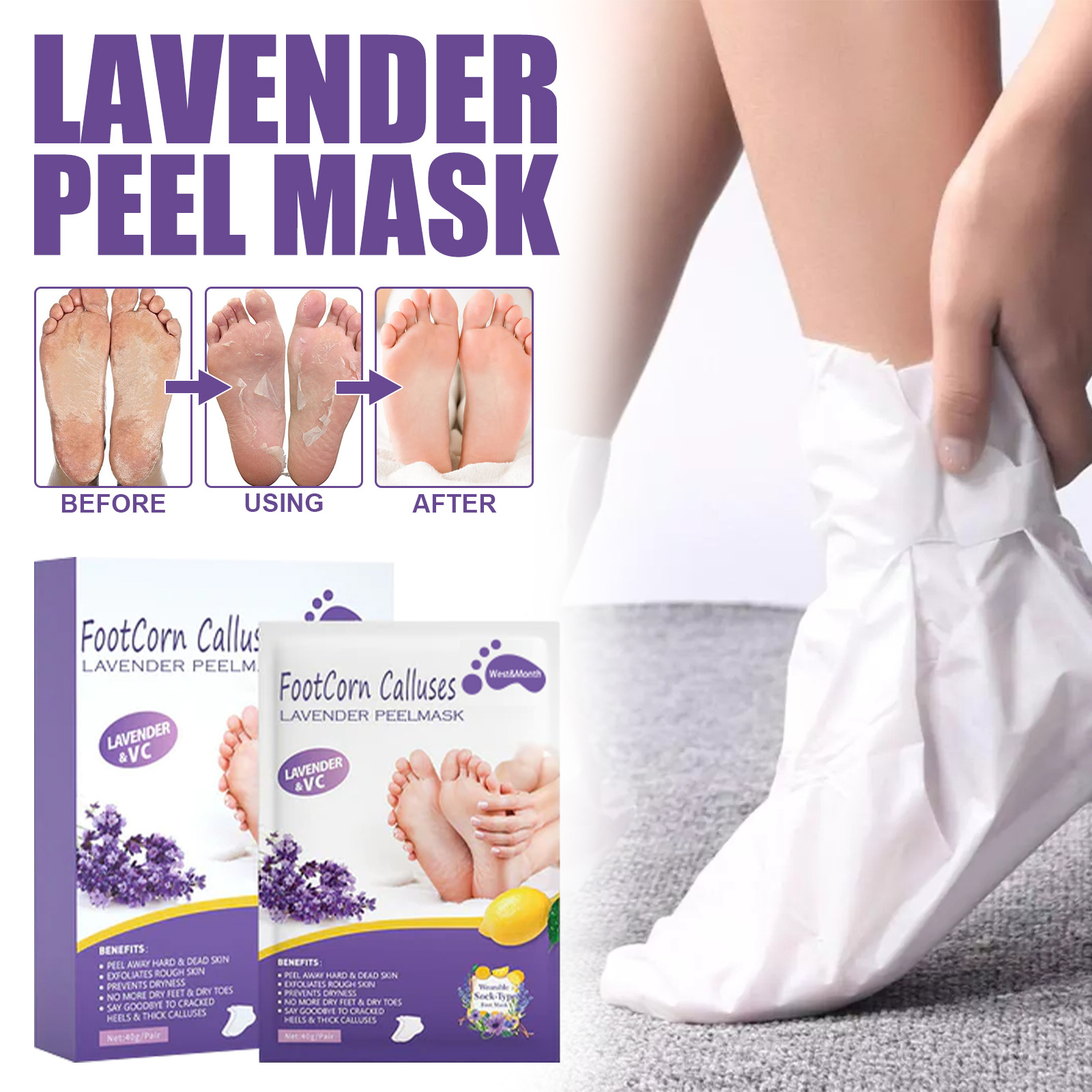 Lavendel West&Month Fußmaske spendet Feuchtigkeit und spendet dem Fuß Feuchtigkeit, reinigt Ecken, beugt Trockenrissen und Abgestorbenem vor._voghion.com