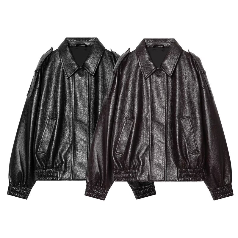 Foreign Trade Women's Clothing 2026 European and American Fashion Loose Leather Effect Long-Sleeved Bomber Jacket for Women F71323