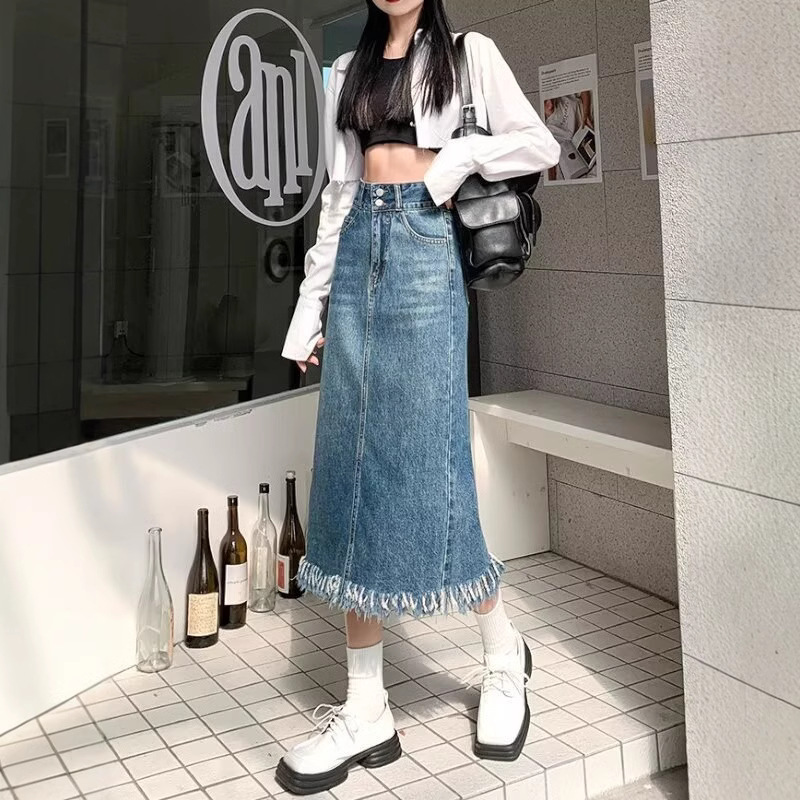 中长款开叉牛仔半身裙女秋季新款韩版遮胯显瘦高腰复古流苏a字裙
