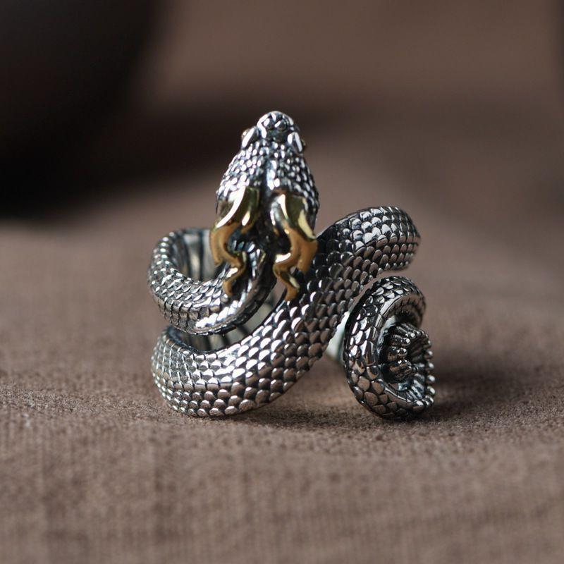 New Retro Style Python Ring Niche Personalized Men's Open Ring Adjustable Old Alloy Ring Wholesale