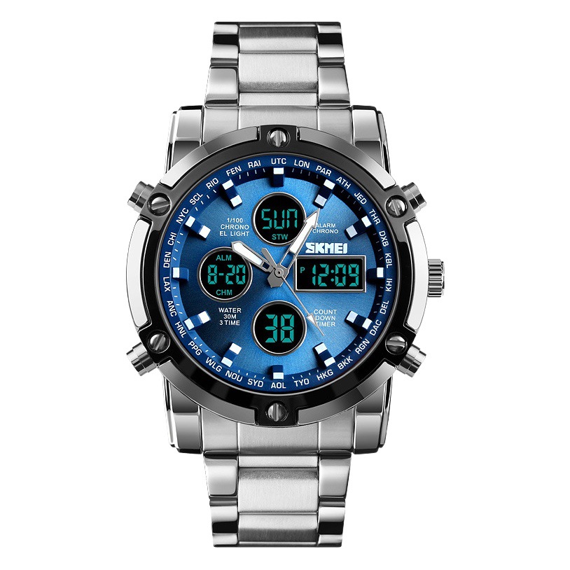 SKMEI multi-funcional correa de acero impermeable reloj de los hombres de doble sincronización luminosa deportes reloj electrónico 1389
