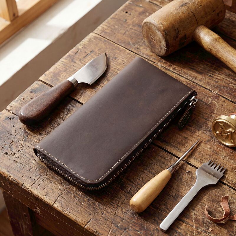 Men's Retro Crazy Horse First-Layer Cowhide Long Wallet Large-Capacity Genuine Leather Zipper Wallet Simple Multi-Card Slot Wallet