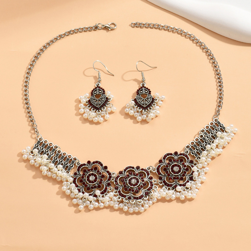 Estilo bohemio simple metal vintage rhinestone rosa perla de dos piezas collar pendientes combinación traje Mujer