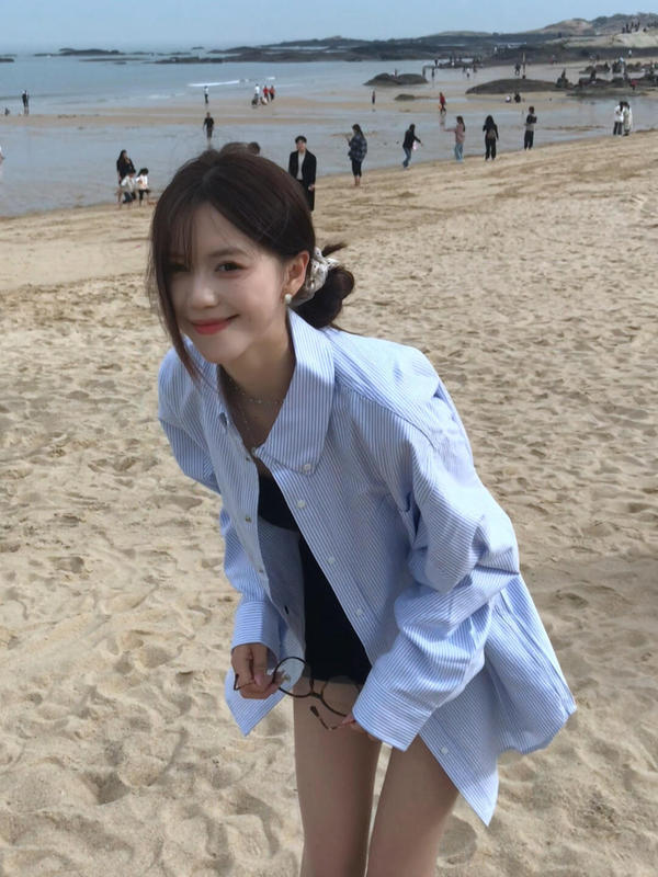 2025早春季韩系穿搭蓝色条纹衬衫上衣女装超好看长袖防晒衬衣外套|undefined