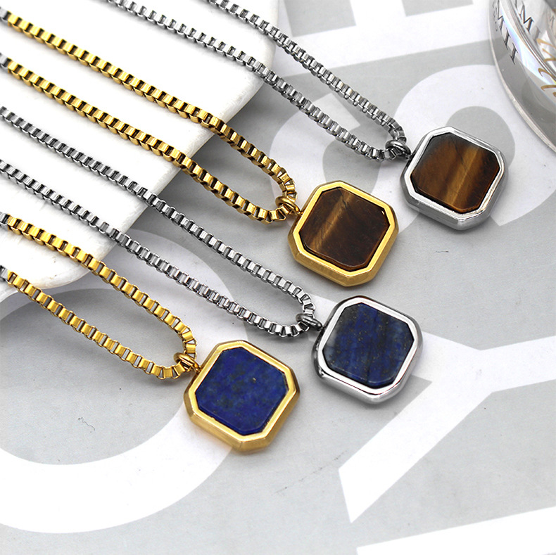 8g Weight Natural Stone Inlay Material Charms, Pendant Necklace Classification Unisex Retro Simple Style Charms Pendant Necklace Square 304 Stainless Steel Natural Stone Men Pendant Necklaces