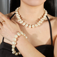 欧美夸张珍珠项链 耳环手镯三件套装 简约气质锁骨链颈链女 19640