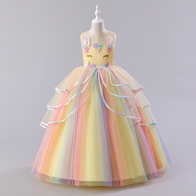 2023 verano nuevo europeo y americano vestido de las niñas vestido unicornio malla Arco Iris mullido hilo princesa vestido