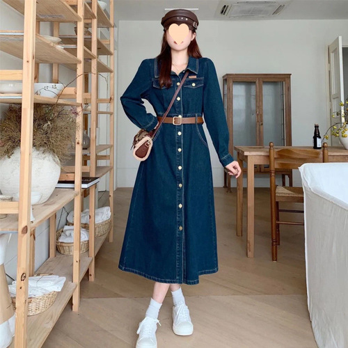 Large size retro collar, long-sleeved denim dress, women's spring new dress, fat cover the belly and show slimming