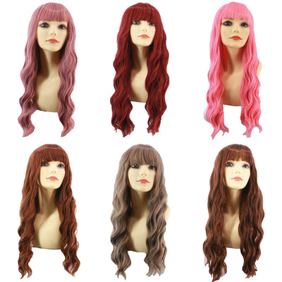 歐美跨境假發 女齊劉海長發蛋卷波浪發COS粉色玉米燙化纖假發頭套