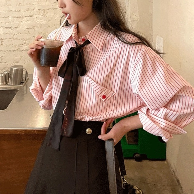 Hello Canon 1 Pocket Fold Long-Sleeve Striped Shirt for Women, Japanese Style Loose Fit for Petite Figures, Spring Top