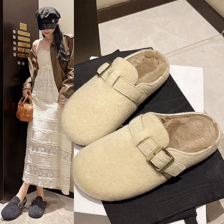 Баотоу половинные тапочки женская внешняя одежда осень и зима 2024 новые шерстяные тапочки плюс бархатные ленивые тапочки сетка красные хлопчатобумажные тапочки