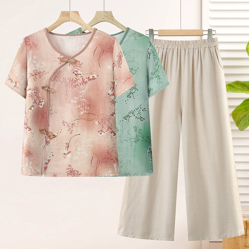 Летняя одежда для женщин среднего и пожилого возраста для бабушки, костюм для 70 лет, летняя одежда для мам с короткими рукавами для старух и пожилых людей, комплект из двух предметов.