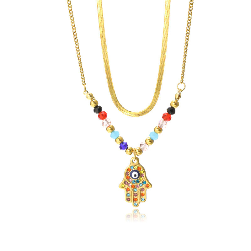 Europeo y americano nuevo estilo de aceite de goteo ojos de Palma de diamantes colgante collar de doble capa de la personalidad femenina todo-fósforo de acero inoxidable Collar chapado en oro image 7