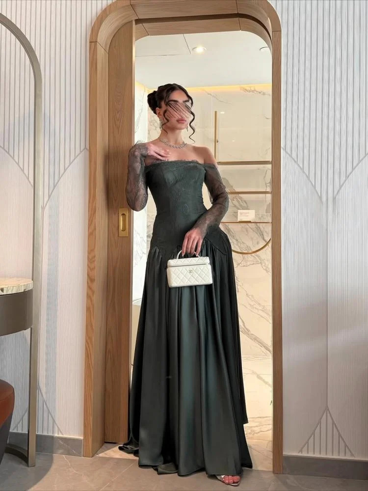 2026 nuevo vestido de noche de pecho francés de mangas largas de encaje de satén delgado vestido verde image 5