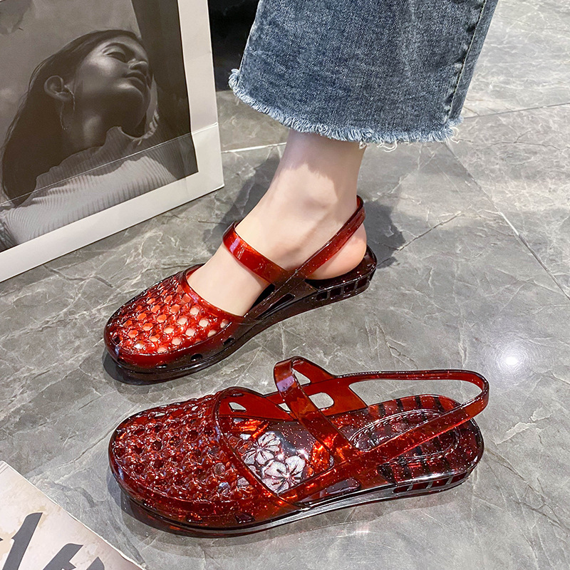 Trendy Crystal Sandals for Women, Summer Versatile Hollow Breathable Non-Slip Wear-Resistant Plastic Mom Slippers