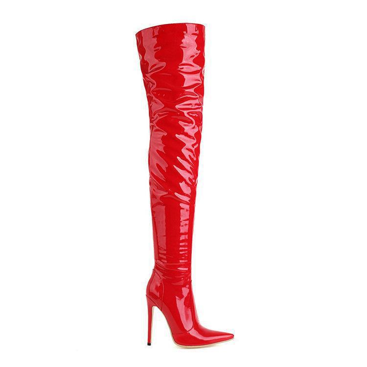 Over the knee boots Women's Red boots Shiny patent leather thigh-high boots Sexy Thigh boots pointy heels_voghion.com