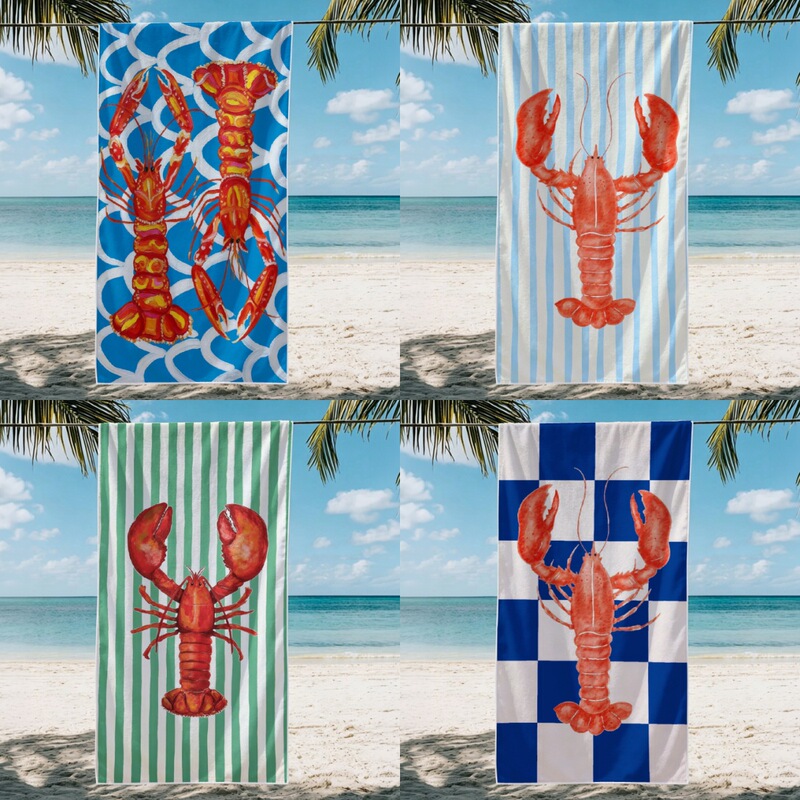 American-style seaside lobster pattern beach absorbent bath towel, vintage striped plaid vacation large towel, picnic mat