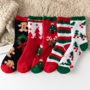 23 Red Christmas tree socks women-S003 winter thick INS tide warm home socks coral fleece floor socks