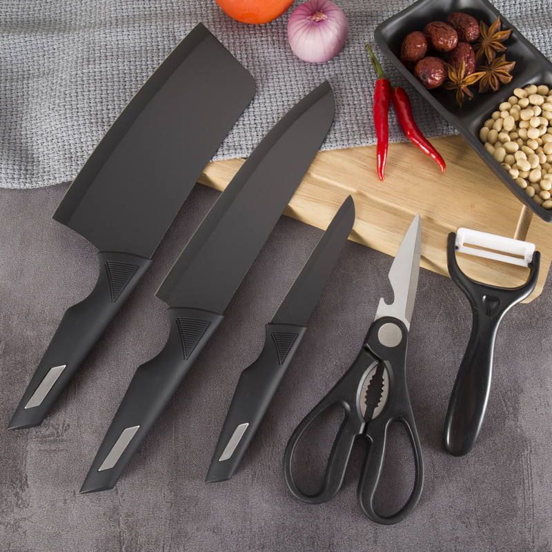 黑柄刀具家用刀具5件套刀礼品不锈钢套刀女士用刀菜刀瓜刨剪刀|ms
