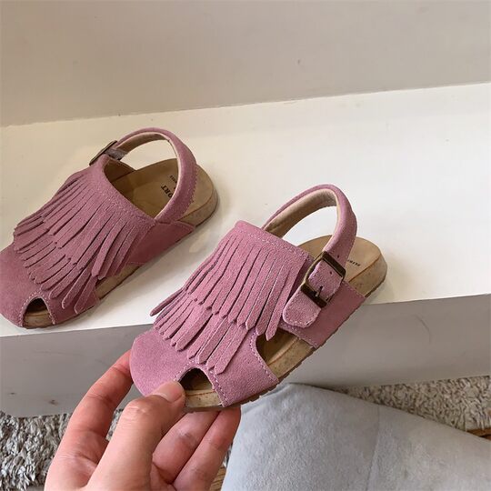 Vintage Tassel Children's Sandals 2025 Summer Girls Beach Shoes Frosted Girls Sandals and Slippers Baby Children's Shoes