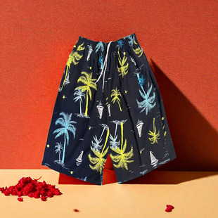 Quick-Drying Beach Pants for Men, Thin European and American Five-Point Pants, Cotton Silk Sports Casual Pants, Printed Ins Printed Shorts for Men