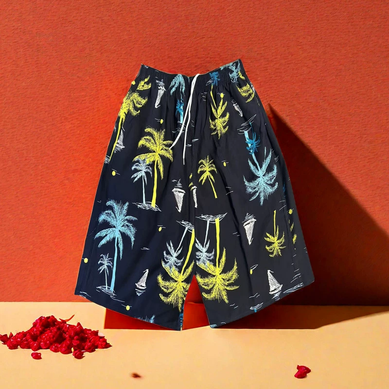 Быстросохнущие мужские пляжные брюки, тонкие европейские и американские брюки с пятью точками, спортивные повседневные брюки из хлопкового шелка, мужские шорты с принтом.