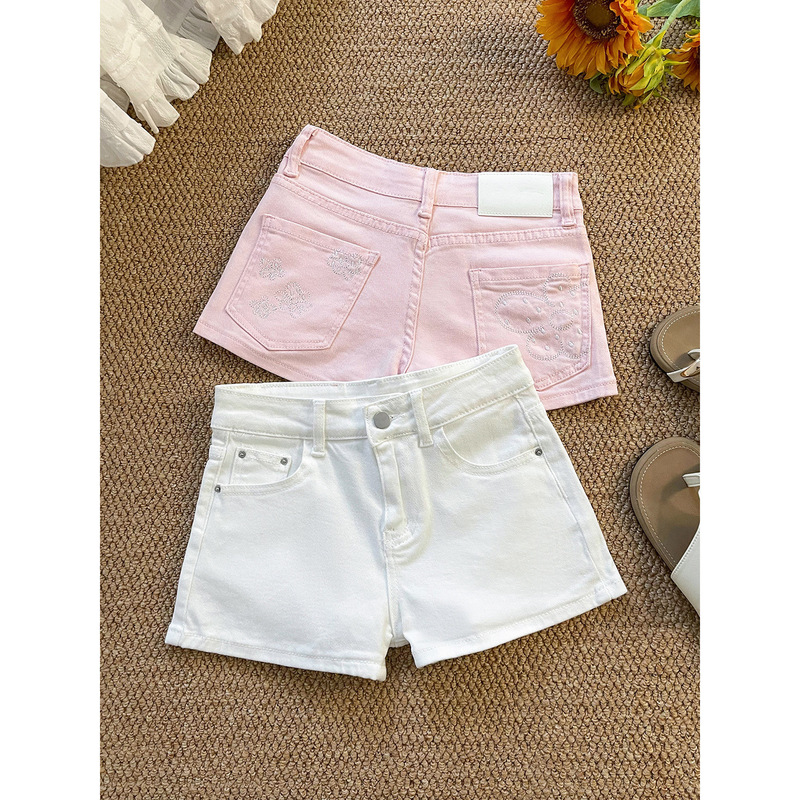 Pink Sweet and Stylish High-Waisted Denim Shorts for Women, Summer Slim-Fit Embroidered Pocket A-Line Straight-Leg Butt-Lifting Hot Pants