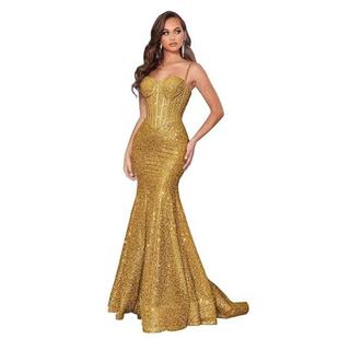 2025 Cross-border New Sequin Elegant Commuter Solid Color Sling Host Banquet Dress Prom Evening Dress