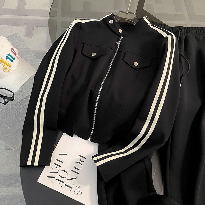 Korean Style Women's Zip-Up Hoodie & Jogger Pants Set - Casual Sporty Outfit (S-2XL, Black/Brown)_ecoleips.com