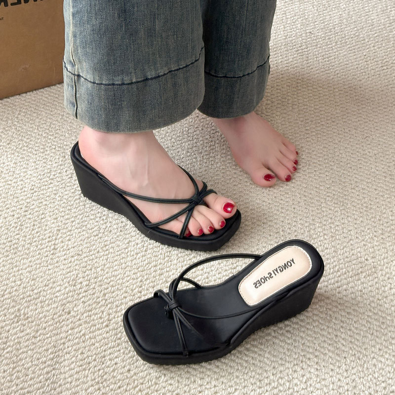 Black Wedge Flip-Flops for Women, Summer 2026 New Style, Suitable for Wearing with Skirts, High-Heeled Sandals, Thick-Soled Slippers