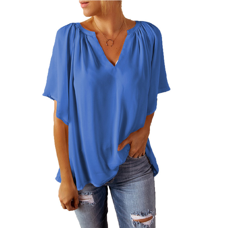2024 Summer New Loose Quarter Sleeve T-shirt Women's V-neck Pullover Top_voghion.com