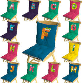 靠包先生绒布印花怪兽字母连体坐垫 棉麻椅子靠背椅垫 连体椅垫