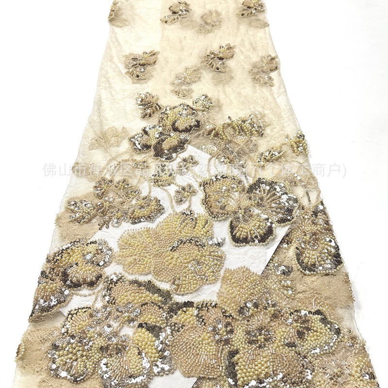 Fábrica directa tela bordada de encaje flor tridimensional tubo bordado vestido de boda vestido de moda tela de vestido