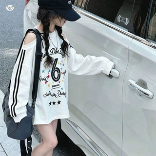 女童甜酷斜肩绑带卫衣2026秋季新款中大童彩色印花长袖T恤打底衫