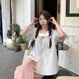 日系法式短袖蓝色格子衬衫女款夏季温柔娃娃衫上衣