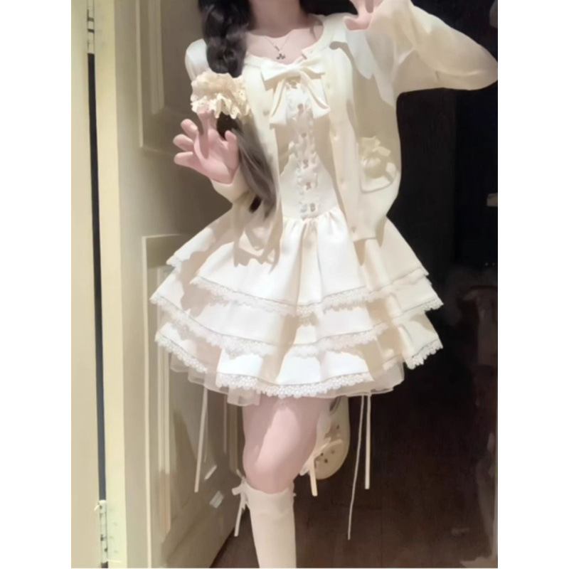 法式甜美独特超好看开衫外套蓬蓬蛋糕连衣裙两件套小个子秋秋穿搭|undefined