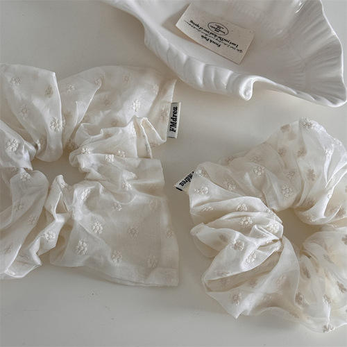 Pure Desire Milk White Embroidered Small Flower Hair Ties and Hair Rings French Elegant Square Circle Large Bow Quality Hair Accessories New Style