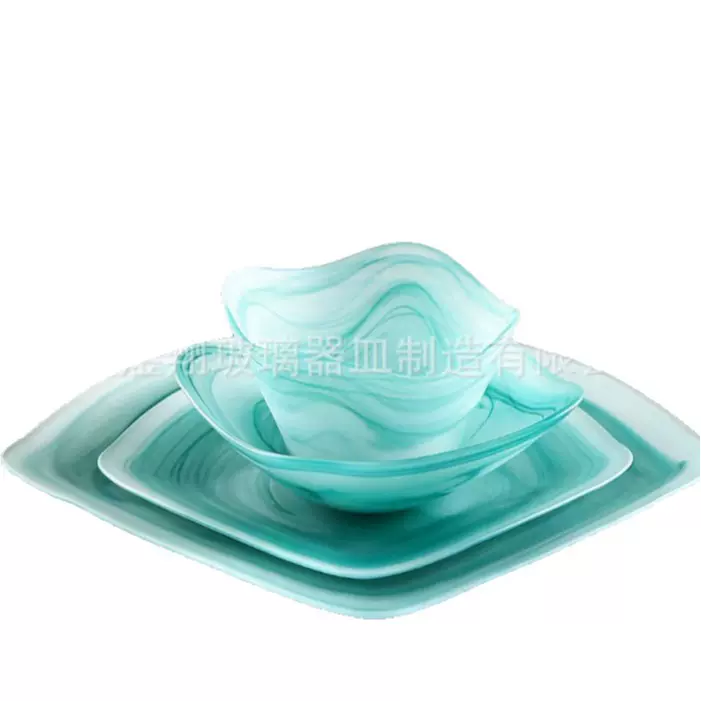 出口热销玻璃餐具套装高端云雾设计玻璃碗沙拉碗零食碗方形玻璃盘