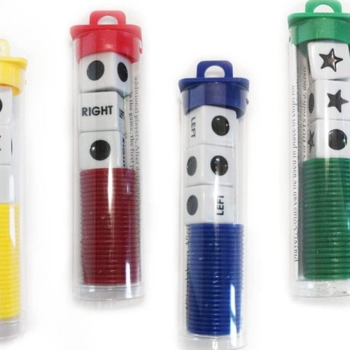 Cross-border hot selling left, center and right fun four-color game dice LCR game dice with chips in tube English version
