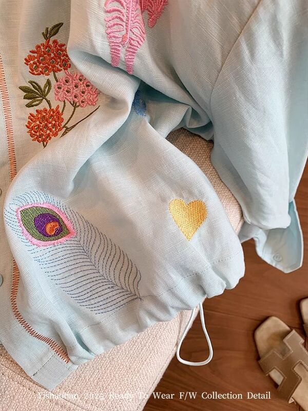 ブルー重工業刺繍日焼け止めシャツ女性のための 2025 夏の新しいハイエンドファッションルーズ長袖薄手のジャケット|undefined