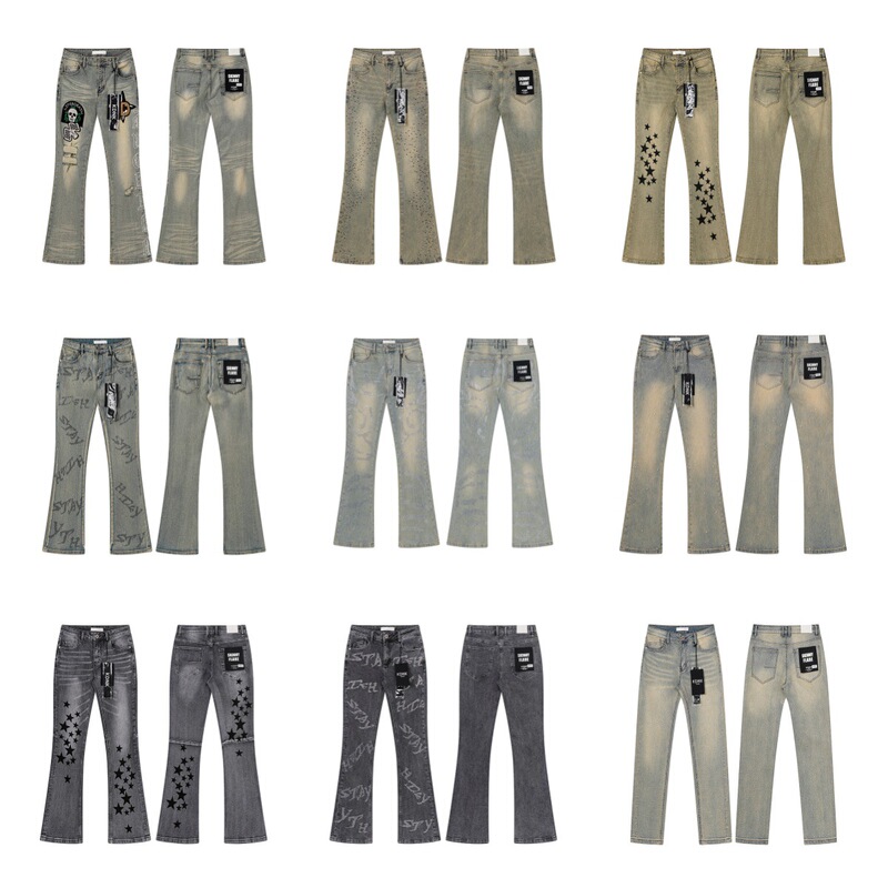 Cross-border KDNK American street style hip-hop rhinestone print washed vintage micro-flared stretch men's jeans Cross-border KDNK American street style hip-hop rhinestone print washed vintage micro-flared stretch men's jeans