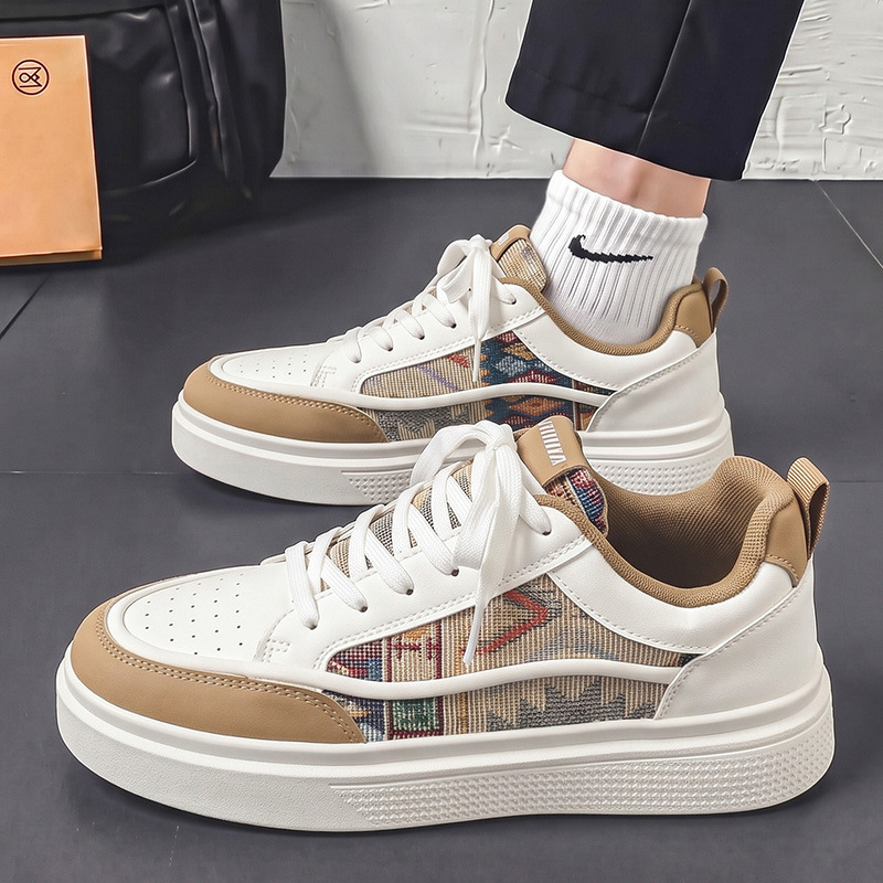 Men's trendy ethnic-style patchwork white sneakers, new fashionable thick-soled casual sports shoes for young men, suitable for all seasons Men's trendy ethnic-style patchwork white sneakers, new fashionable thick-soled casual sports shoes for young men, suitable for all seasons