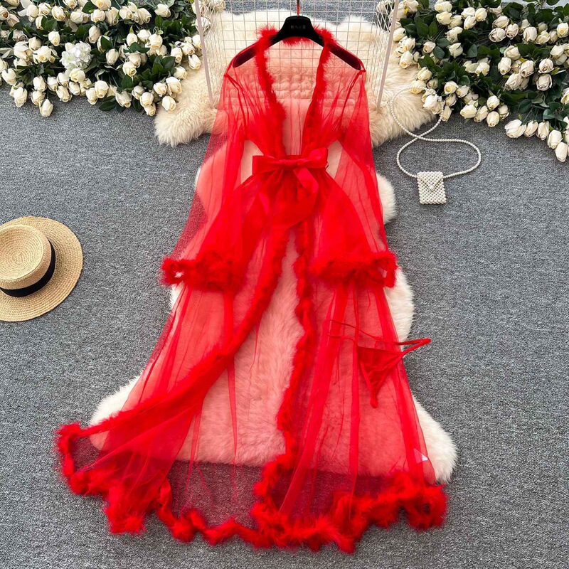 Light Luxury Elegant Sexy Fluffy Stitching Horn Sleeve Mesh Shawl Coat Women's Tape Waist Long Bathrobe Pajamas