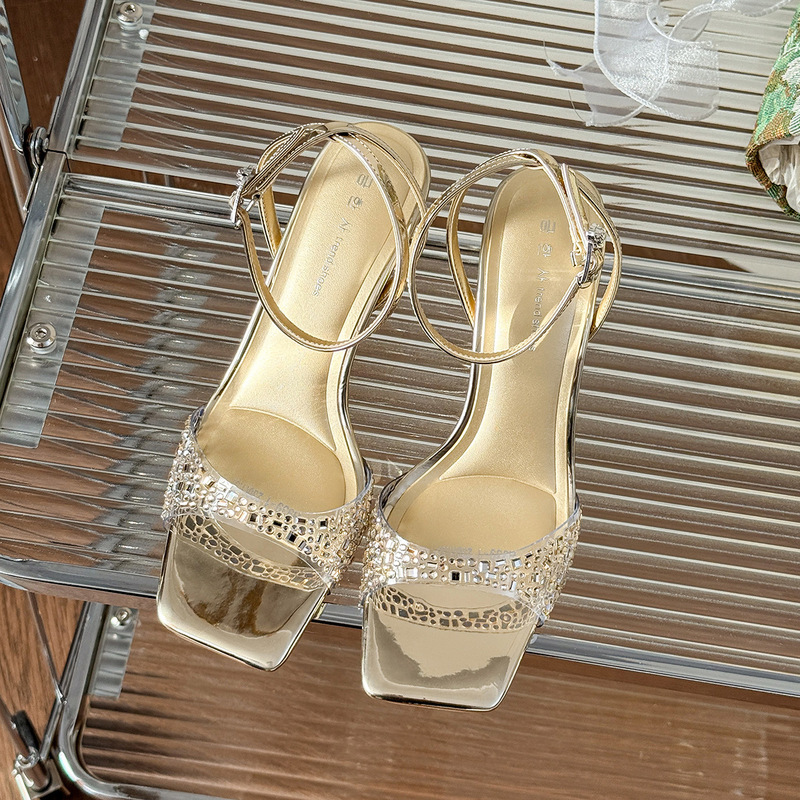 2025 New Summer Sandals for Women, Medium Heel, Silver Square Toe, Stiletto Heel, Glass Glue Open Toe Women's Shoes, Sandals with Diamonds