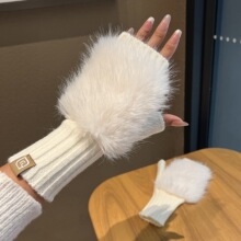 白色毛毛半指毛线针织手套女秋冬季气质加厚办公写字保暖防风防寒