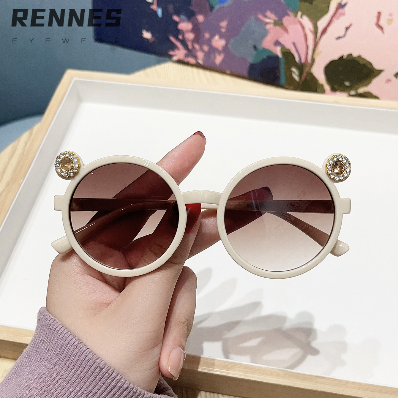 2024 niños transfronterizos nuevo color caramelo con montura redonda de diamantes gafas de sol de oso lindo bebé gafas de sol al aire libre